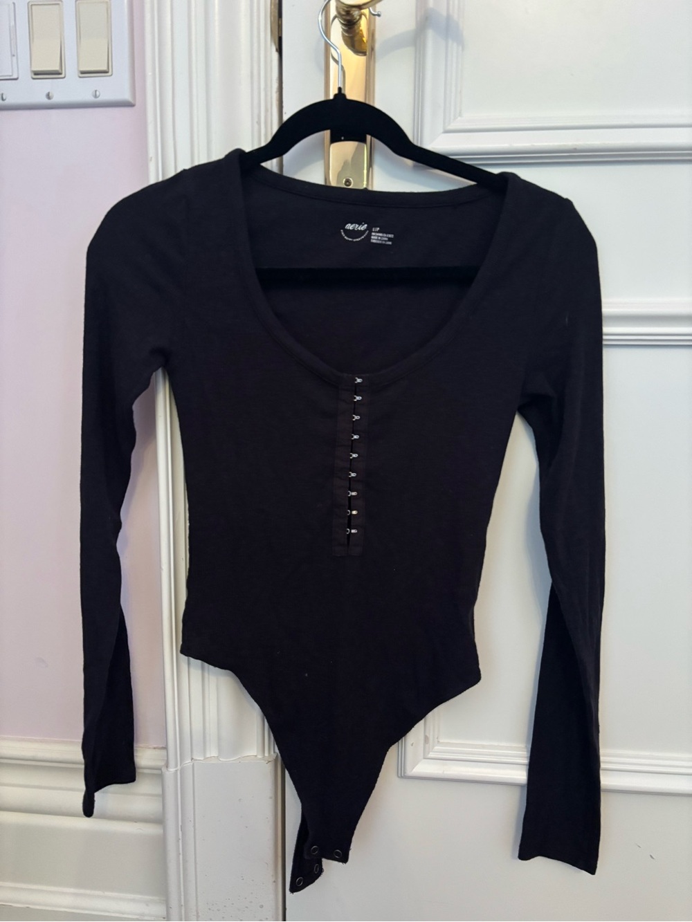 aerie Black Long Sleeve Scoop Neck Hook-Front Bodysuit